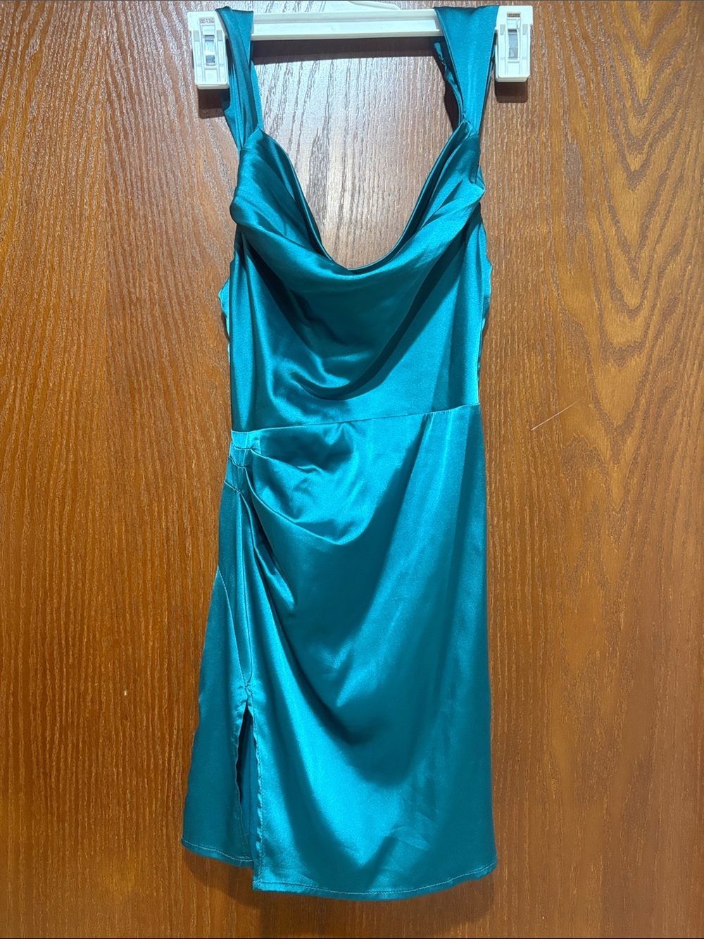 Lucy in the Sky Teal Satin Cowl Mini Dress
